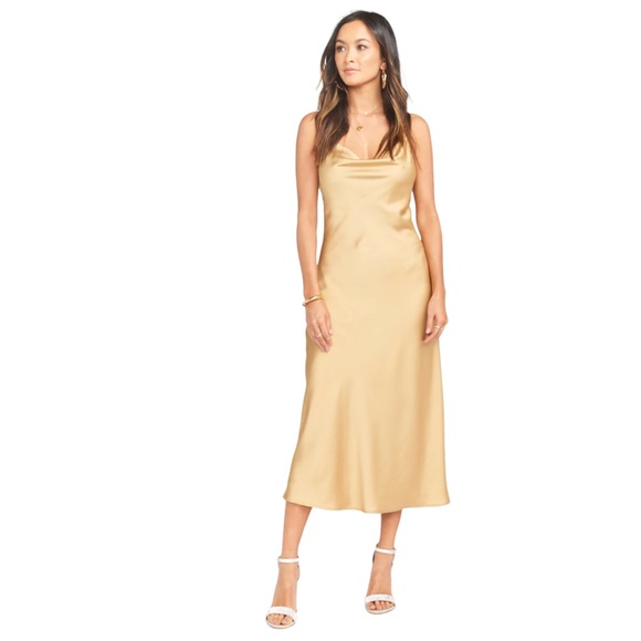Show Me Your MuMu Dresses & Skirts - SHOW ME YOUR MUMU Verona Cowl True Gold Satin Midi Slip Dress